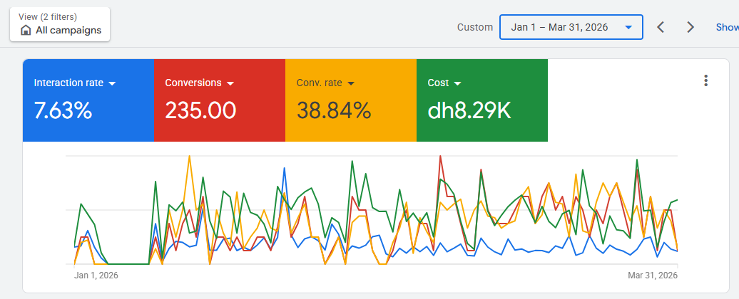 Google Ads dashboard — pest control operator, Dubai. 235 conversions, 38.84% conv. rate.