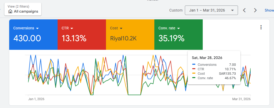Google Ads dashboard — pest control operator, Saudi Arabia